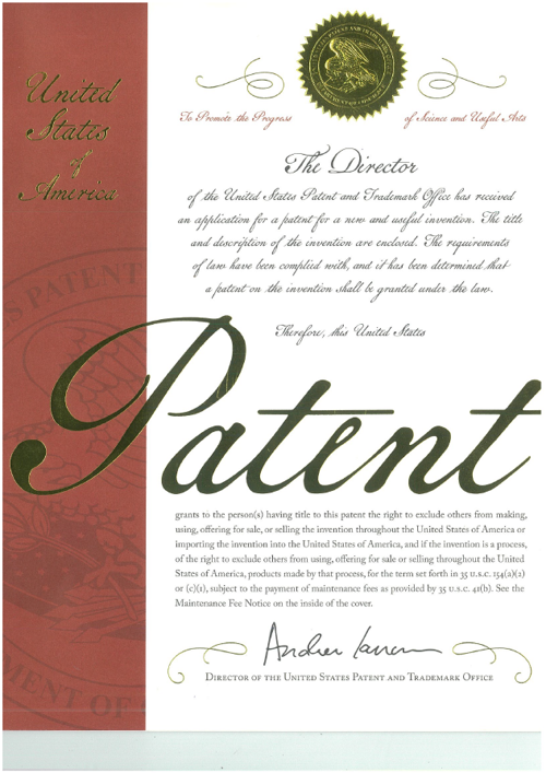 ใบรับรองสิทธิบัตรของสหรัฐอเมริกาสำหรับบริษัท Nippon SySits | United States Patent Certificate for Nippon SySits
